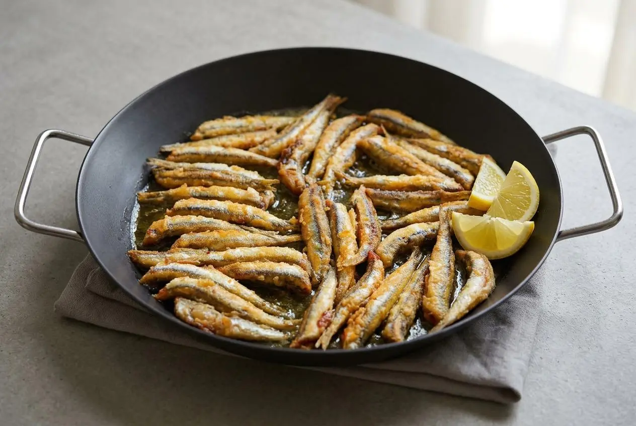 A platter of golden crispy fried anchovies served hot with fresh lemon wedges.
