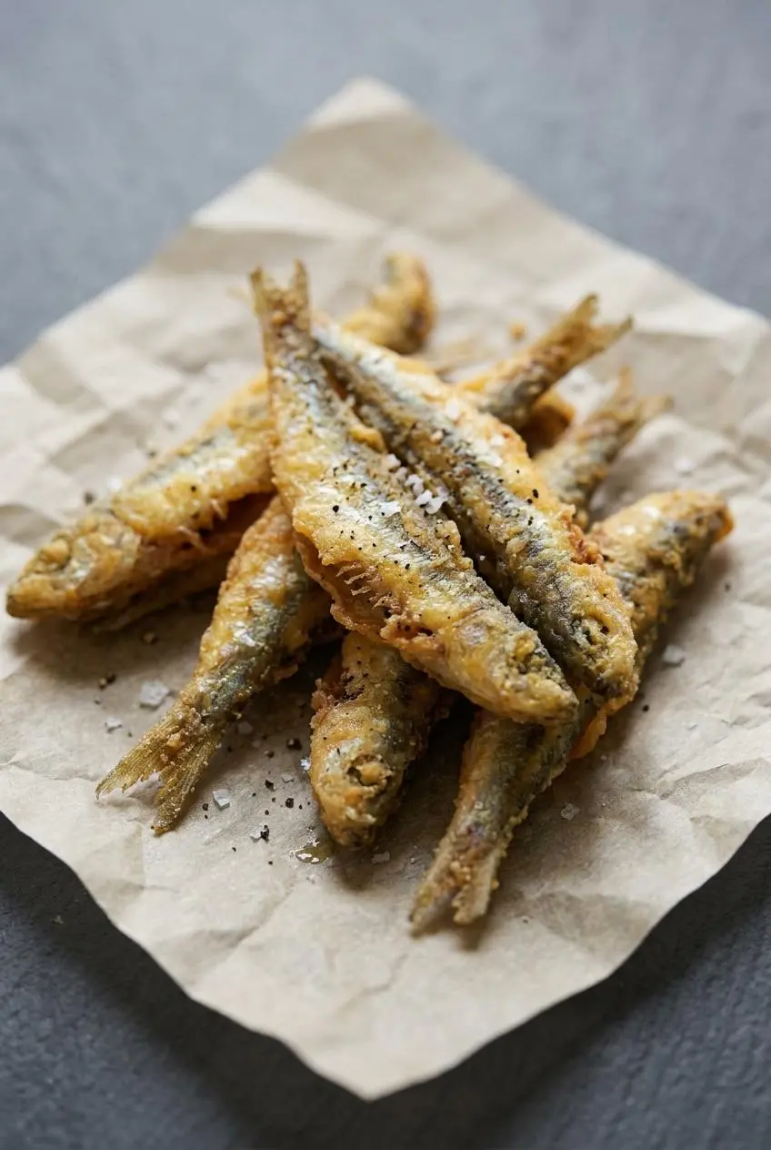 Close-up of golden, crispy butterflied fried anchovies with sea salt on parchment paper.