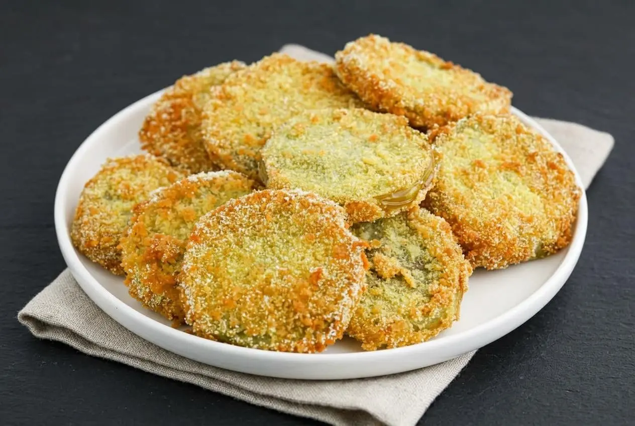 Crispy fried green tomatoes with a golden cornmeal panko crust stacked on a serving plate.