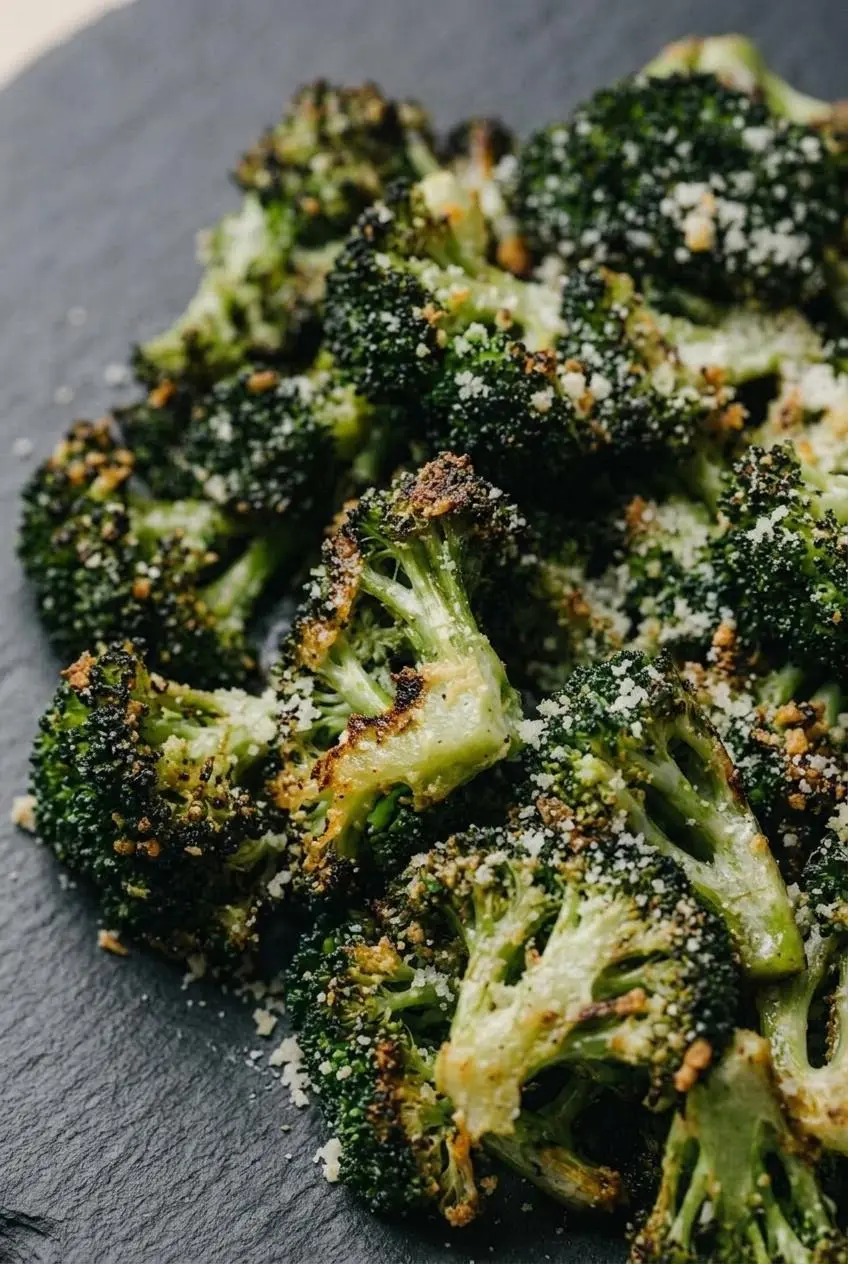 Macro view of charred roasted broccoli florets with lacy, caramelized grated parmesan cheese.