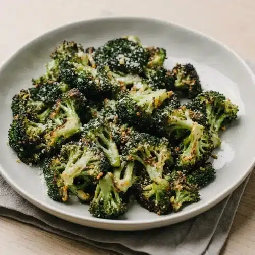 Roasted parmesan broccoli with crispy golden floret tips and melted cheese on a baking sheet.