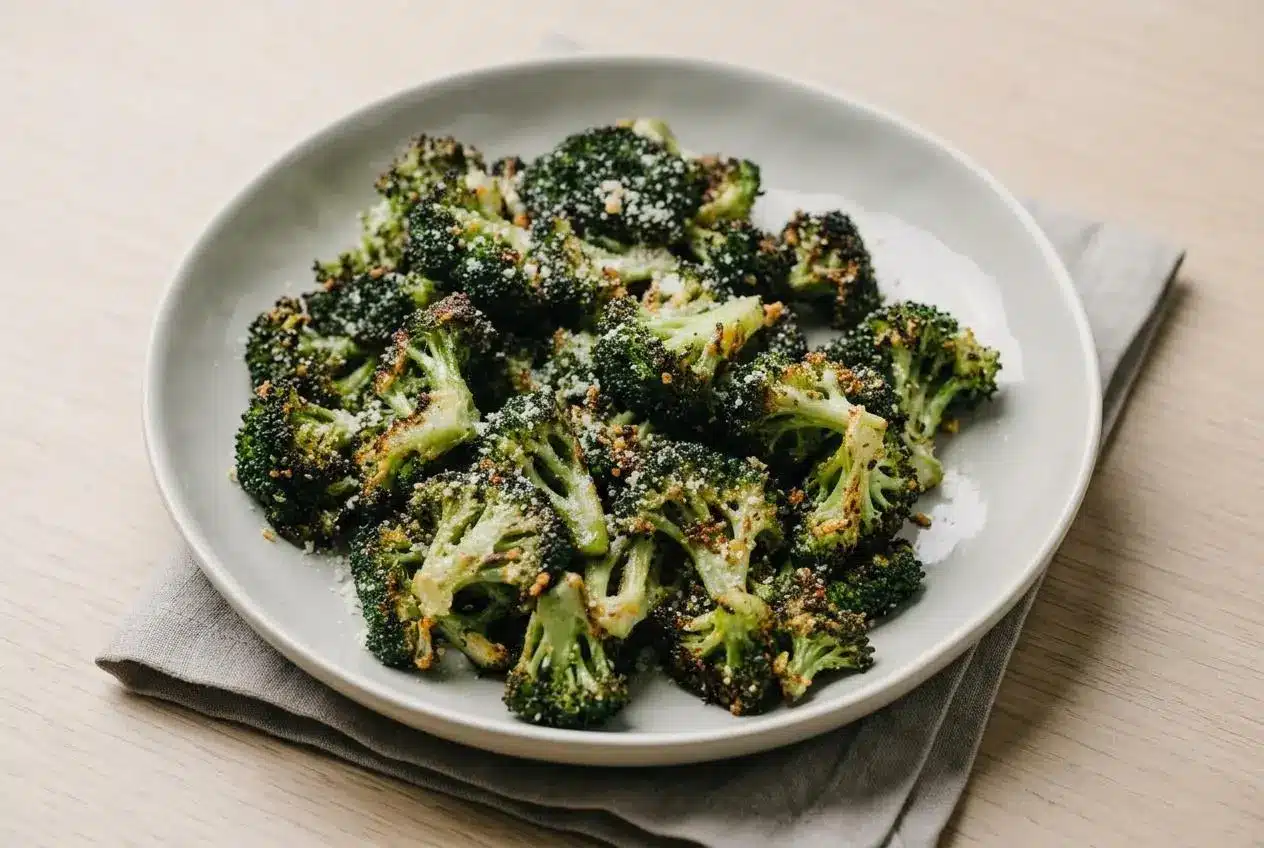 Roasted parmesan broccoli with crispy golden floret tips and melted cheese on a baking sheet.