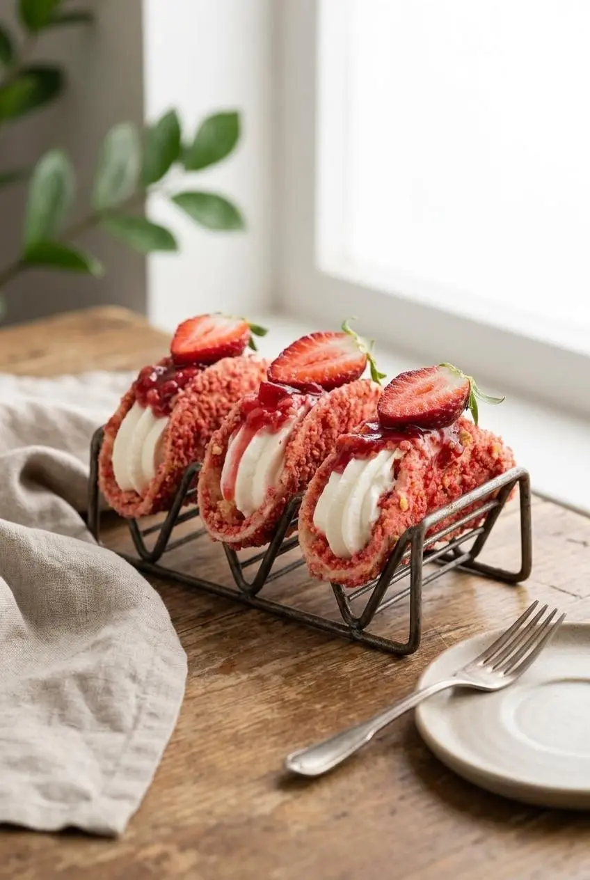 Three assembled strawberry crunch cheesecake tacos standing upright in a rustic metal holder.