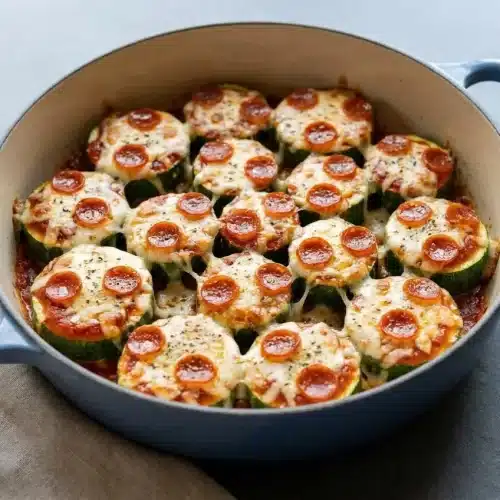 Golden zucchini pizza bites with melted mozzarella cheese, thick marinara, and mini pepperoni.