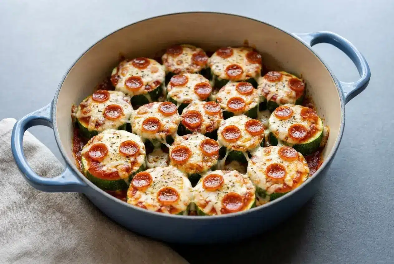 Golden zucchini pizza bites with melted mozzarella cheese, thick marinara, and mini pepperoni.