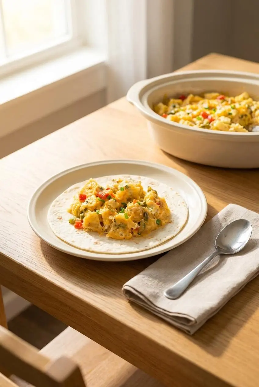 Warm flour tortilla packed with cheesy egg and potato scramble on a ceramic plate near the slow cooker.