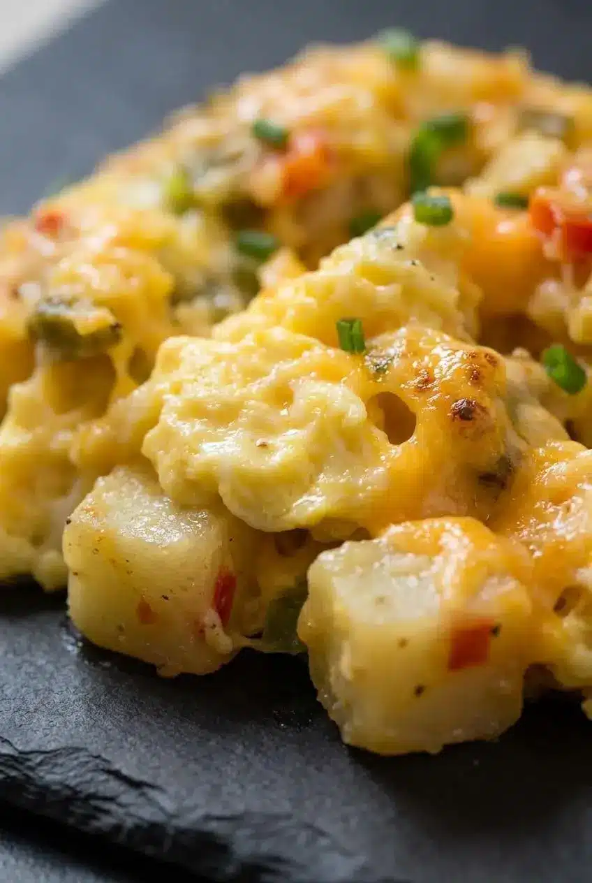 Close up of fluffy egg curds, melted cheese pockets, and potatoes O'Brien topped with fresh diced chives.
