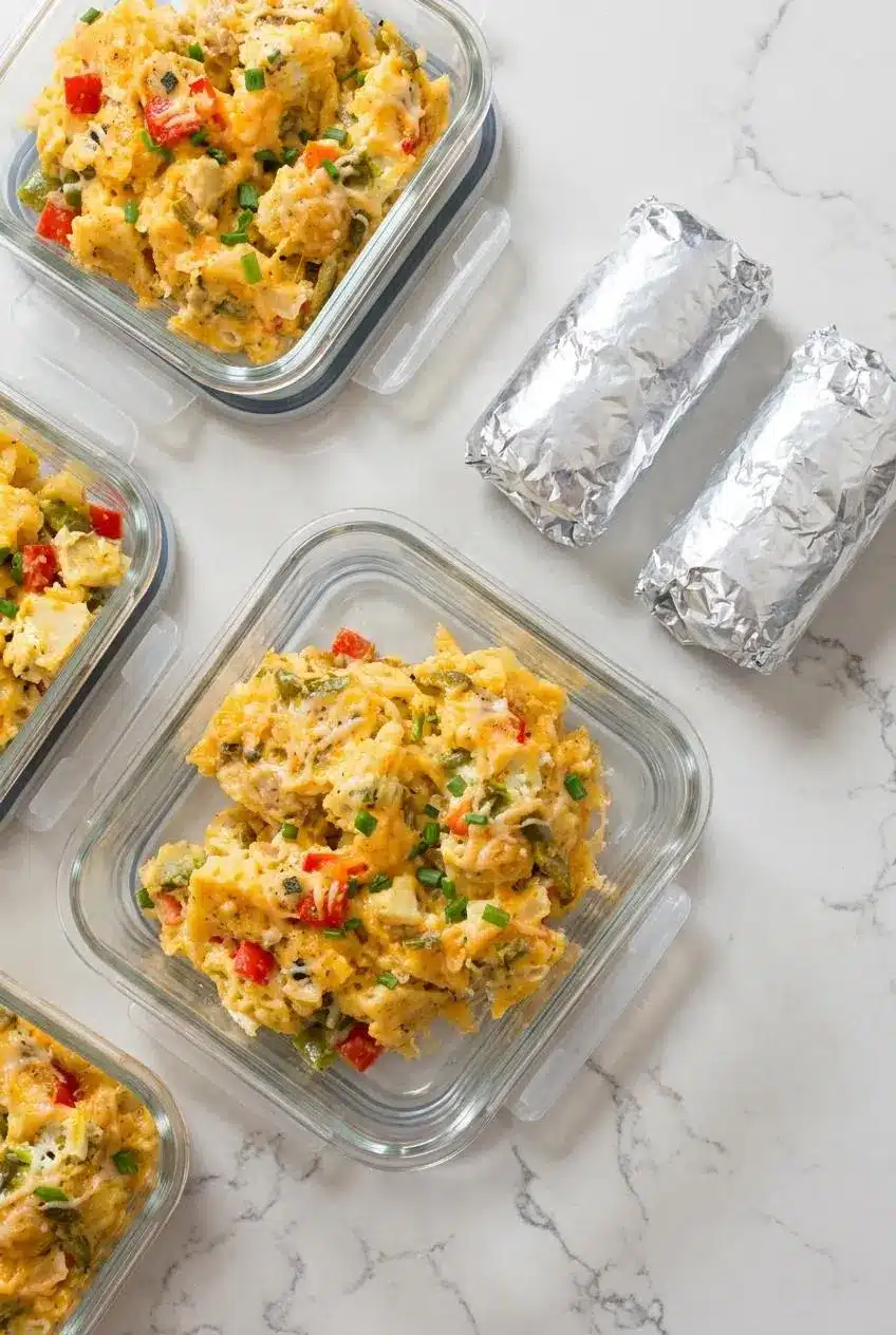 Glass meal prep containers filled with cooked egg scramble alongside foil wrapped breakfast burritos.