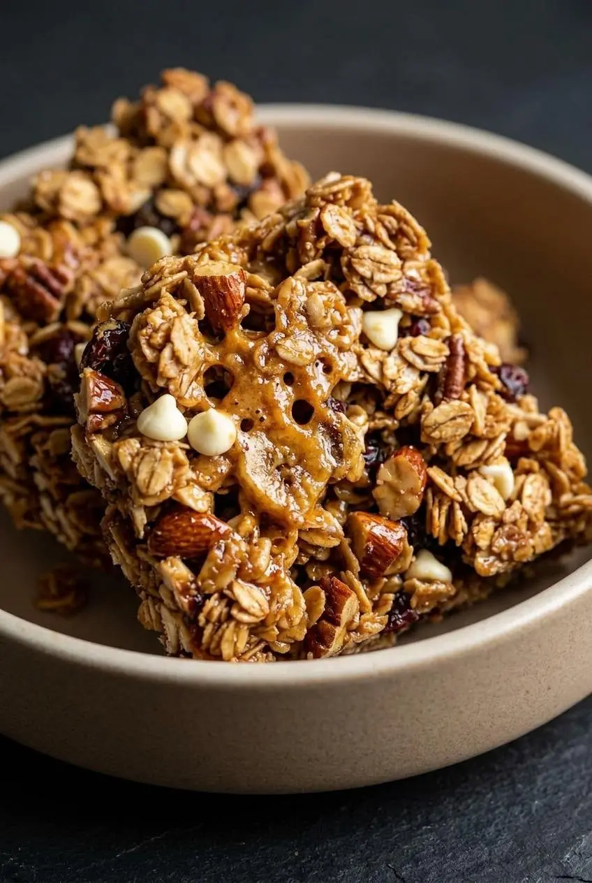 Close up of a massive, golden baked granola cluster showing the shiny, caramelized peanut butter coating.