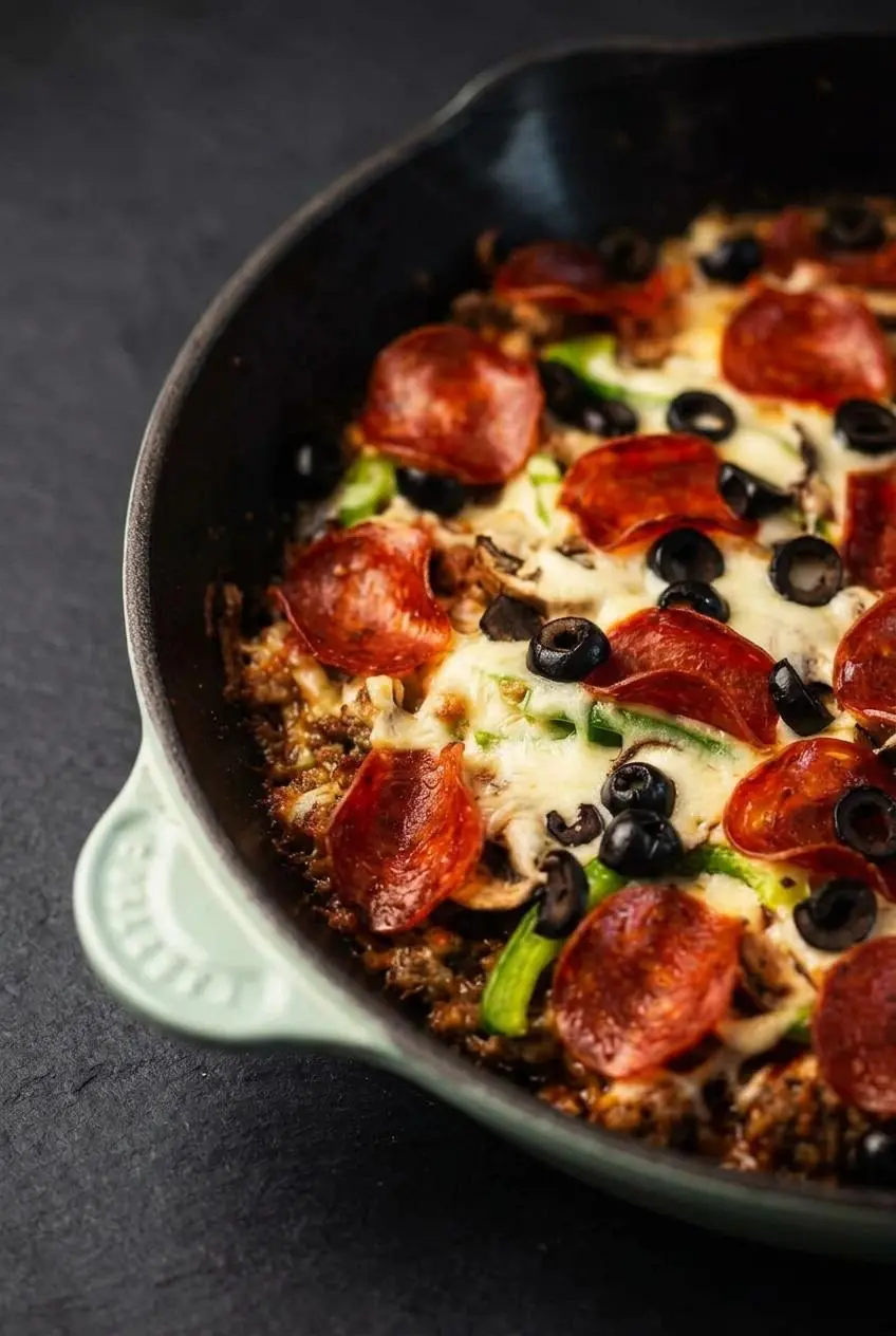 Close-up of a firm sausage base and crispy browned mozzarella edges on a crustless pizza without any watery pooling.