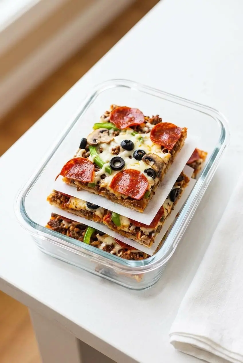 Square leftover portions of crustless pizza separated by parchment paper inside a glass airtight container.