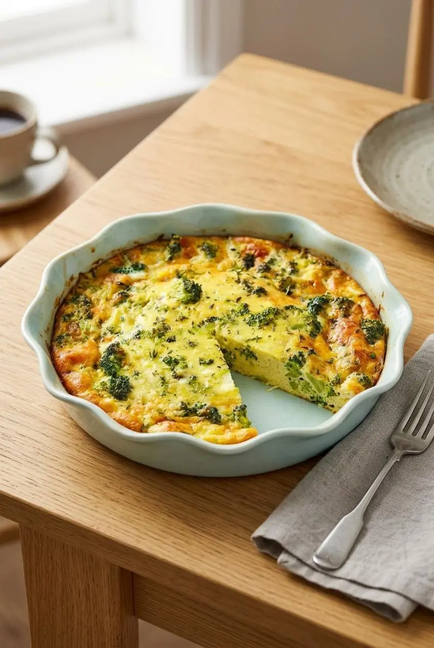 A whole baked crustless quiche in a white pie dish with one slice cut, set on a rustic wooden table.