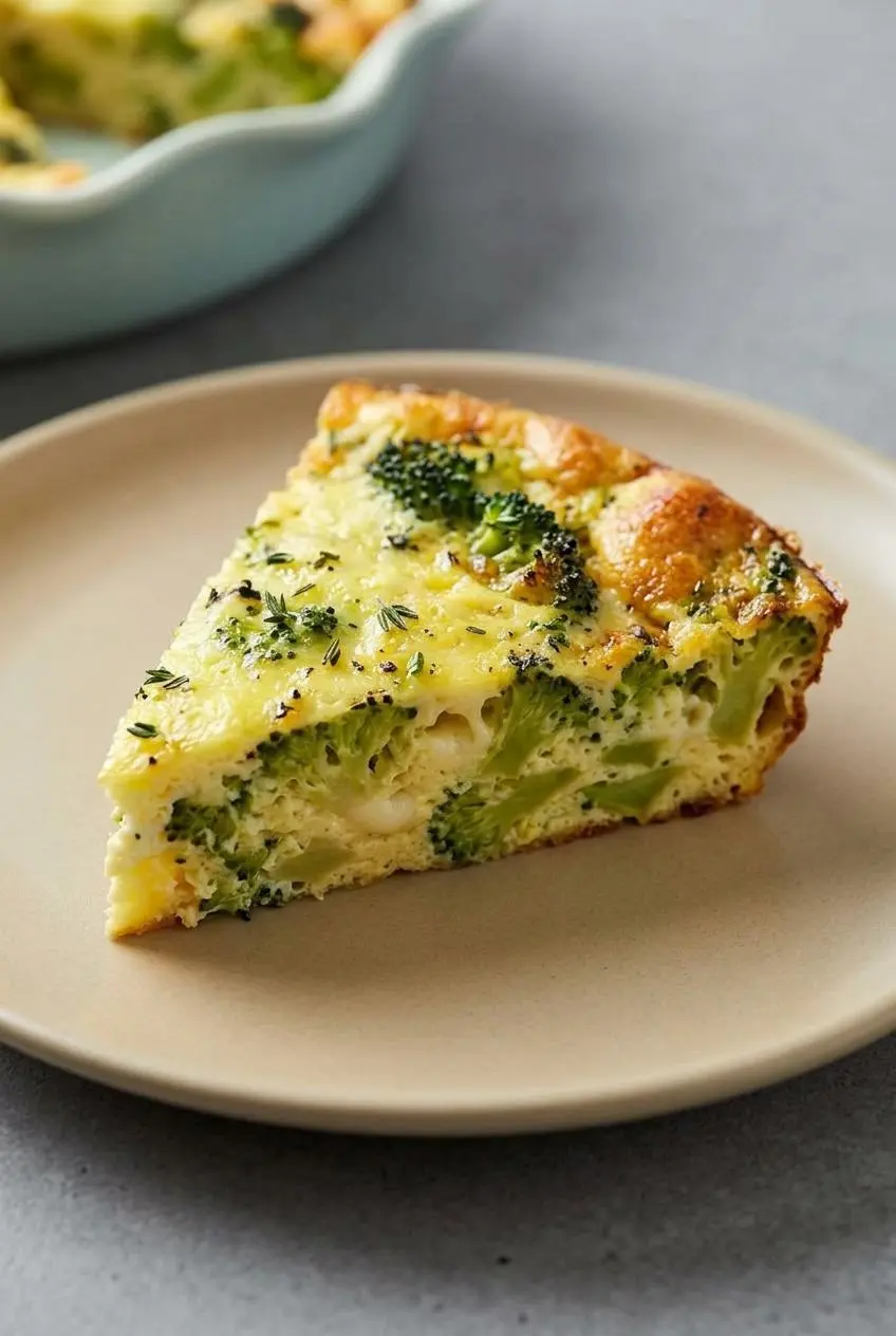A warm slice of crustless quiche showing the moist, silky egg texture, green broccoli, and melted cheese.