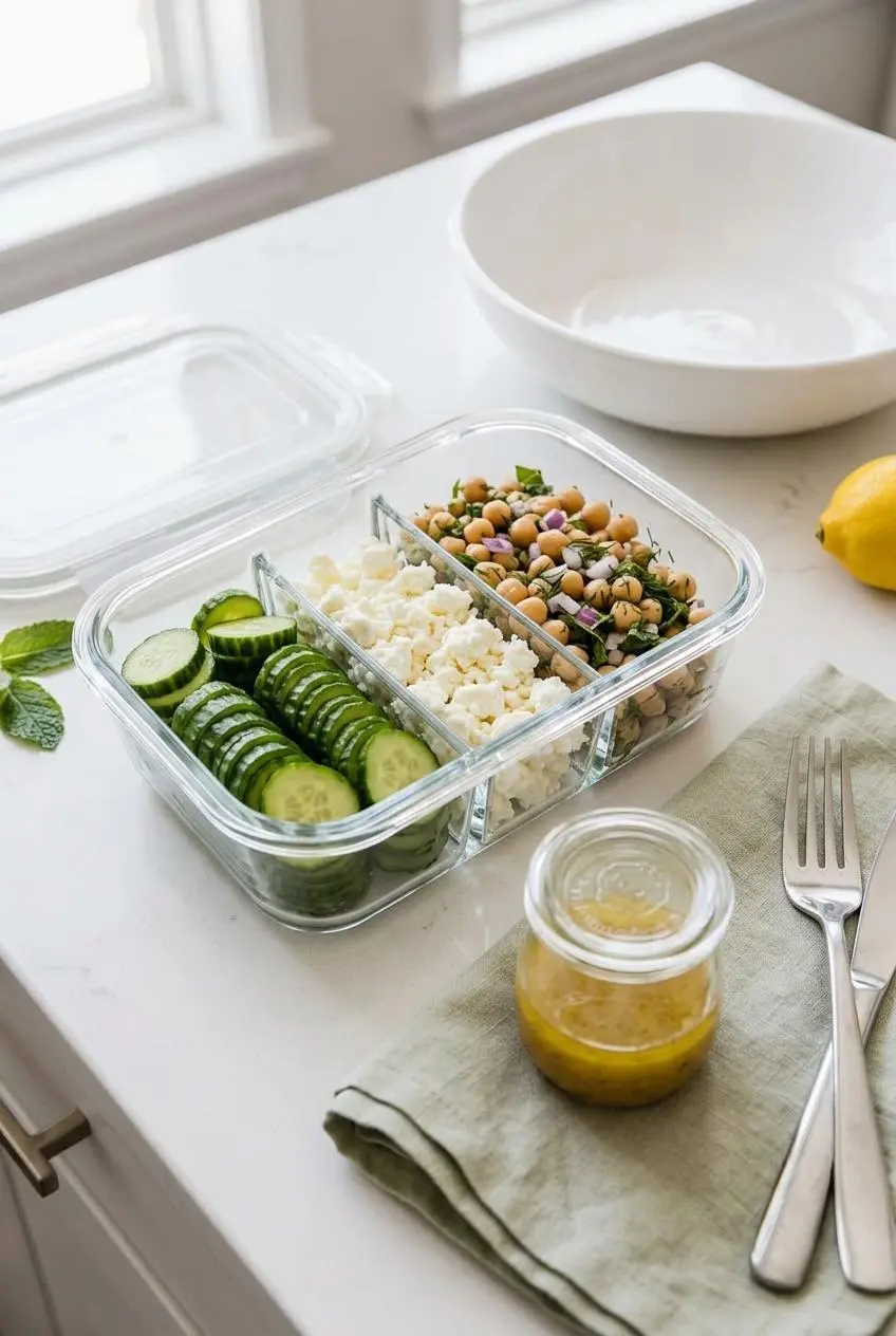 Chopped salad vegetables and chickpeas in a glass meal prep container next to a small jar of lemon vinaigrette.