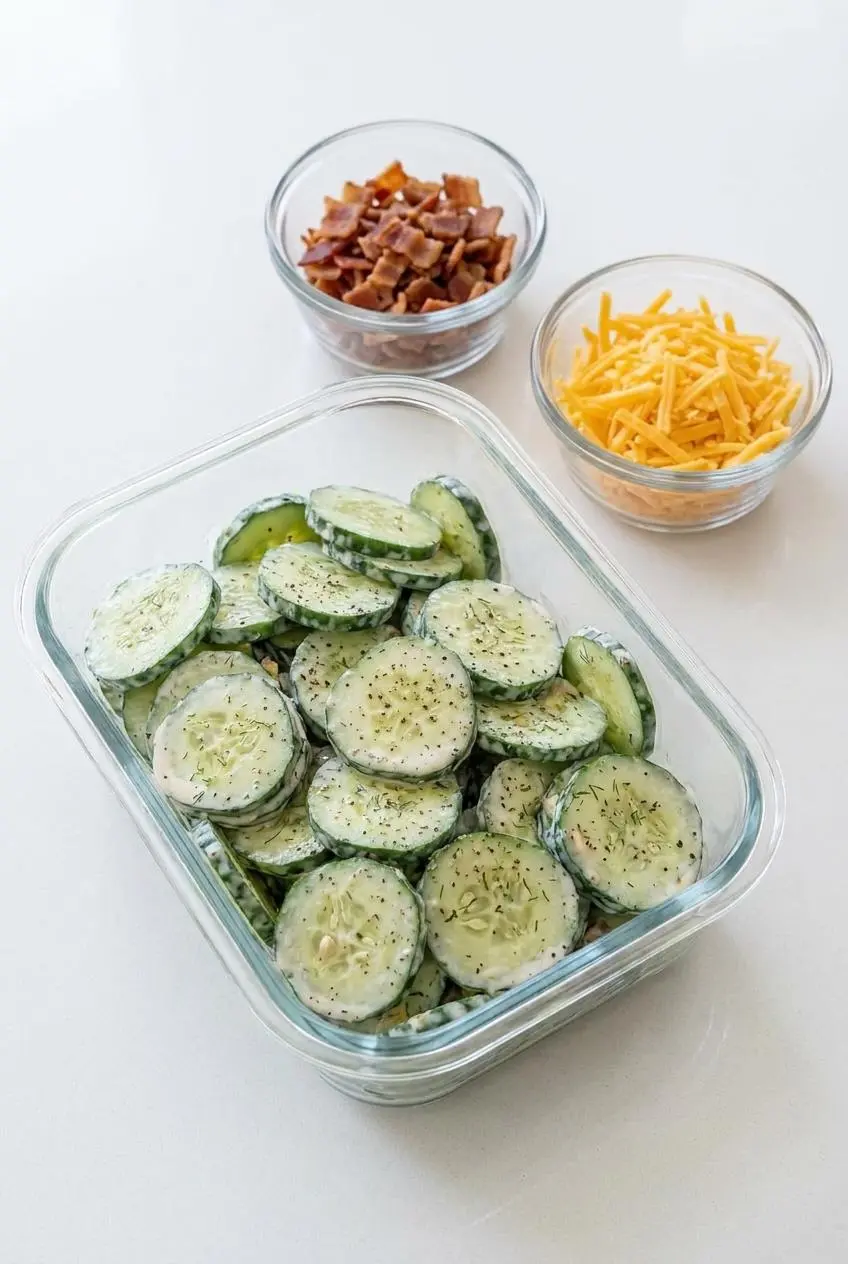 Glass meal-prep container with sliced cucumbers alongside small dishes of crumbled bacon and shredded cheddar cheese.