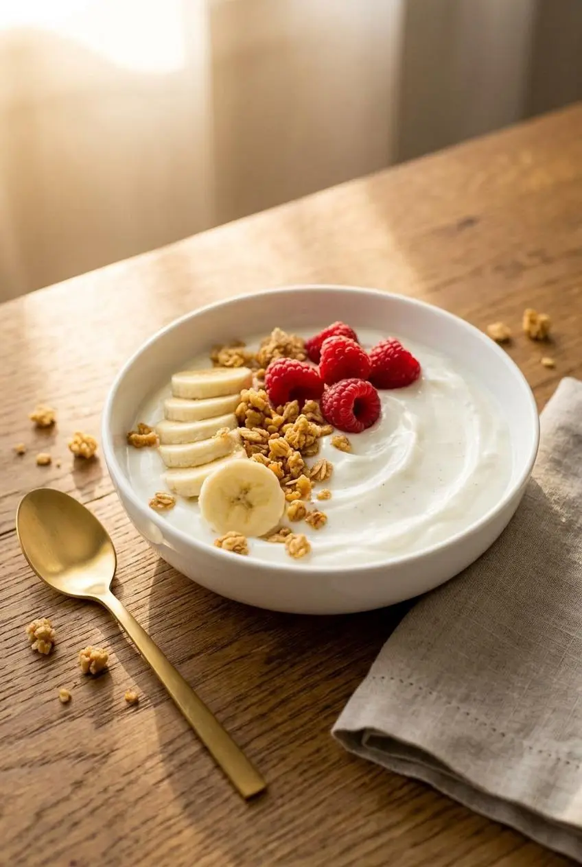 A white vanilla protein yogurt bowl topped with fresh raspberries, sliced bananas, and golden granola on a rustic wooden table.