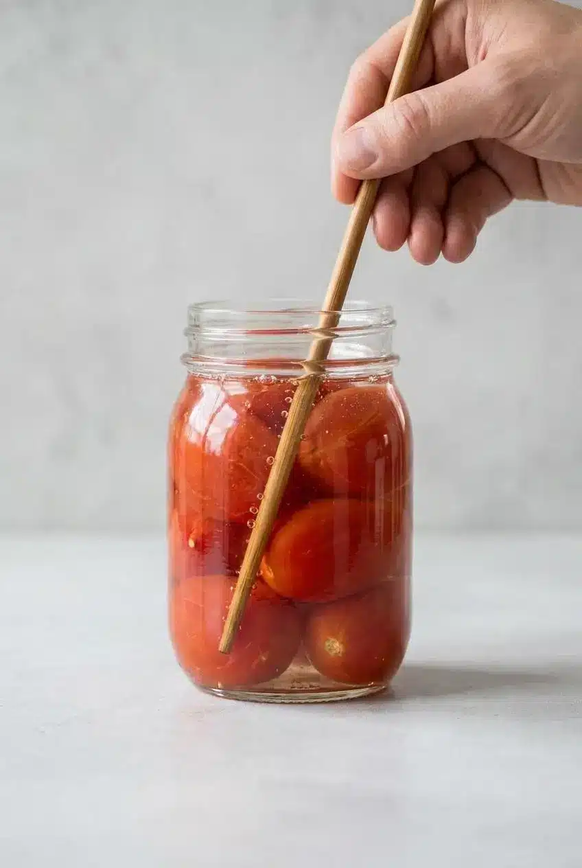 A wooden chopstick inserted inside a jar of canned tomatoes to release trapped air bubbles before sealing.