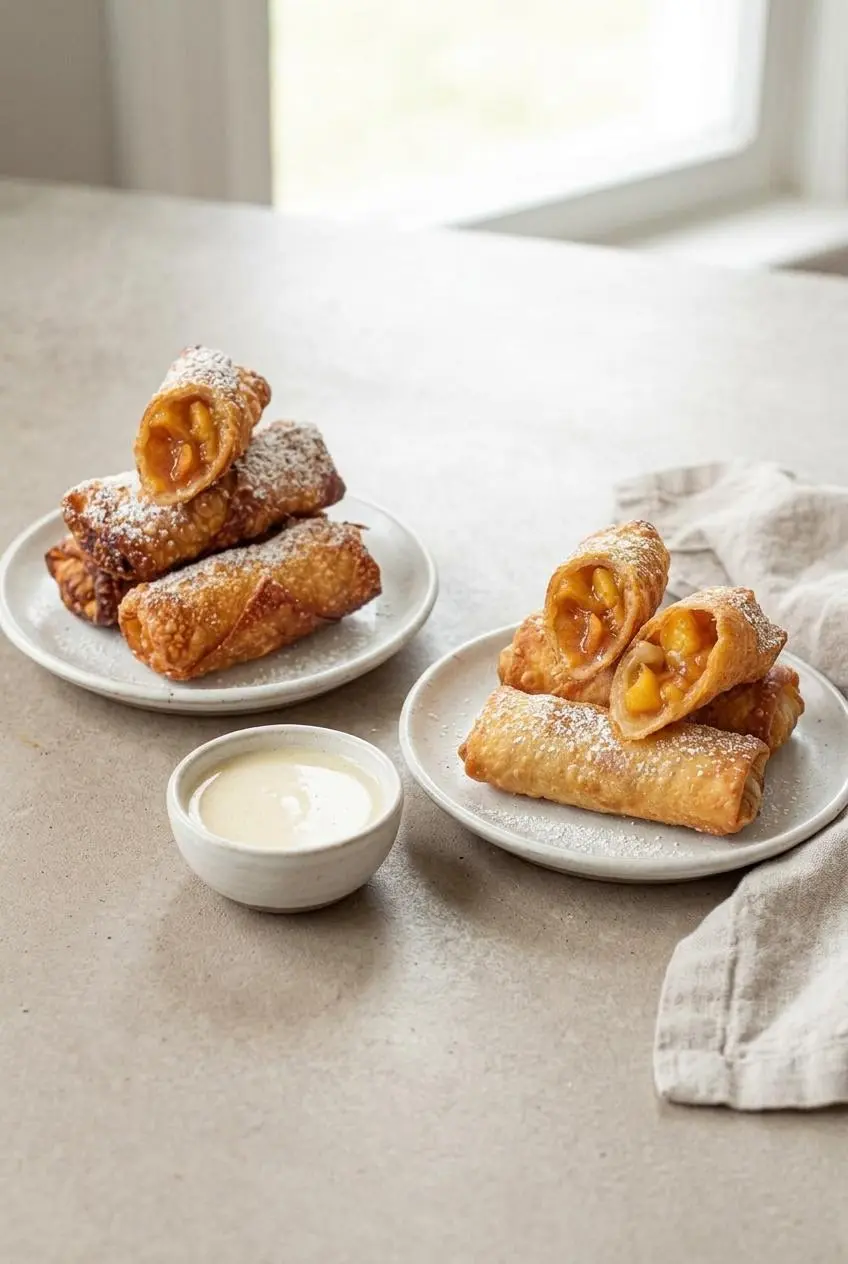Two plates comparing deep-fried and air-fried peach cobbler egg rolls next to a bowl of vanilla dipping sauce.