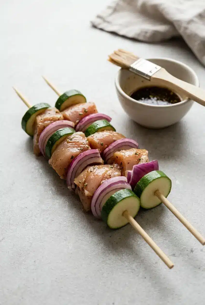 Raw chicken breast pieces, zucchini, and red onion threaded onto two parallel wooden skewers.