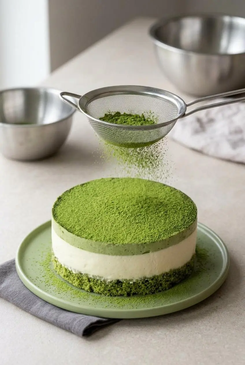 Sifting fine green matcha powder through a metal sieve onto the smooth top layer of a chilled mousse cake.
