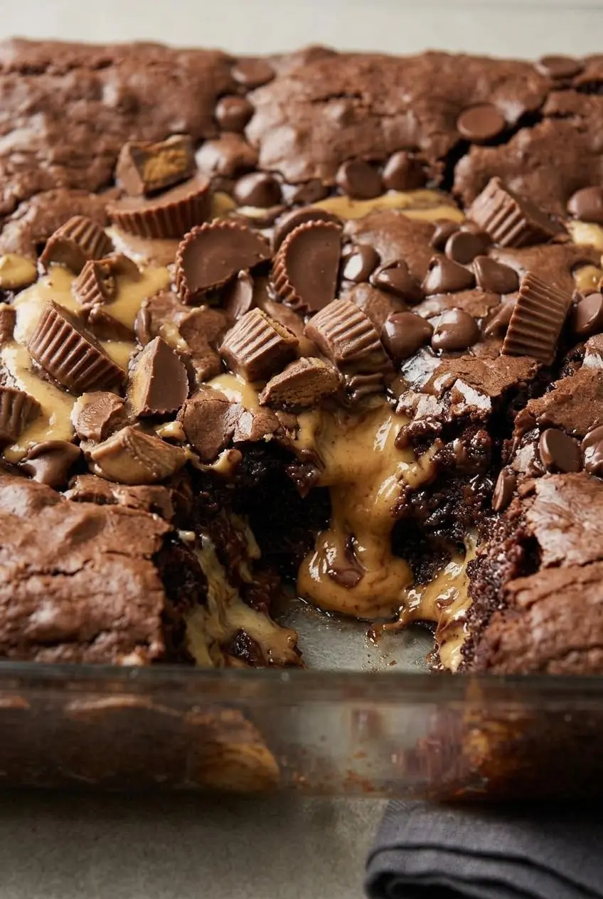 Macro shot of a deep crack on the surface of an earthquake cake showing chocolate cake crumb and warm peanut butter swirl.