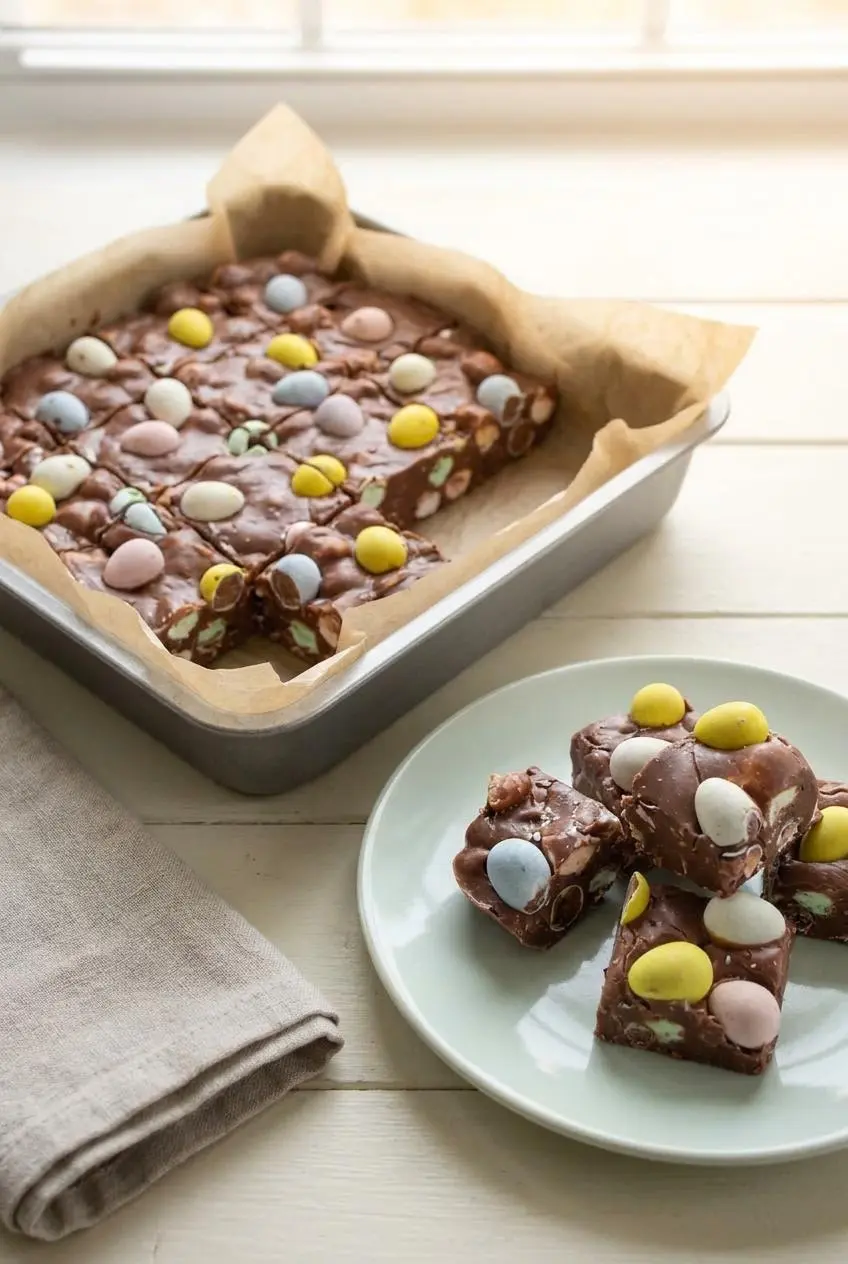 Cut squares of Easy Easter Fudge arranged in a parchment-lined baking pan alongside a serving plate.