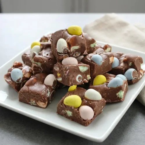 Rich, creamy Easy Easter Fudge squares topped with colorful candy eggs and soft mini marshmallows.