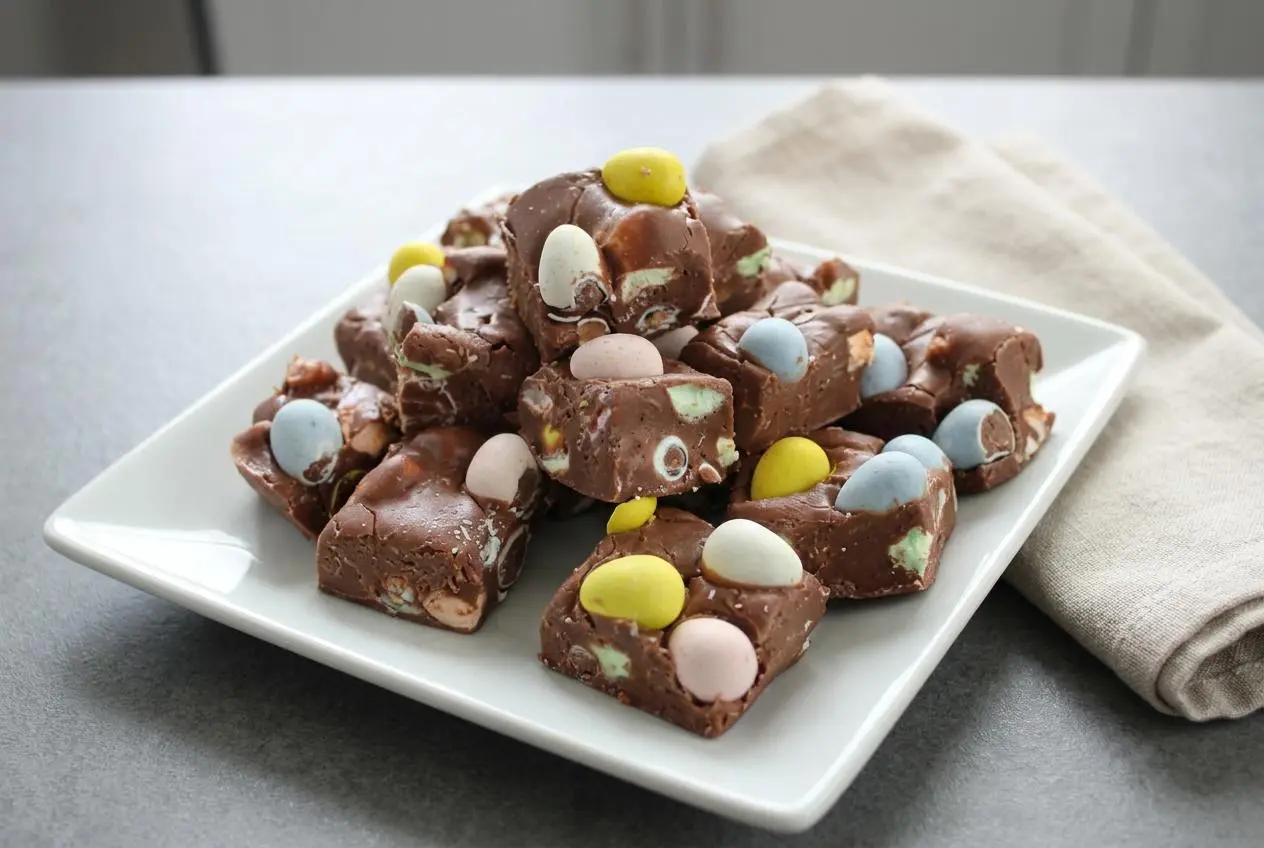 Rich, creamy Easy Easter Fudge squares topped with colorful candy eggs and soft mini marshmallows.
