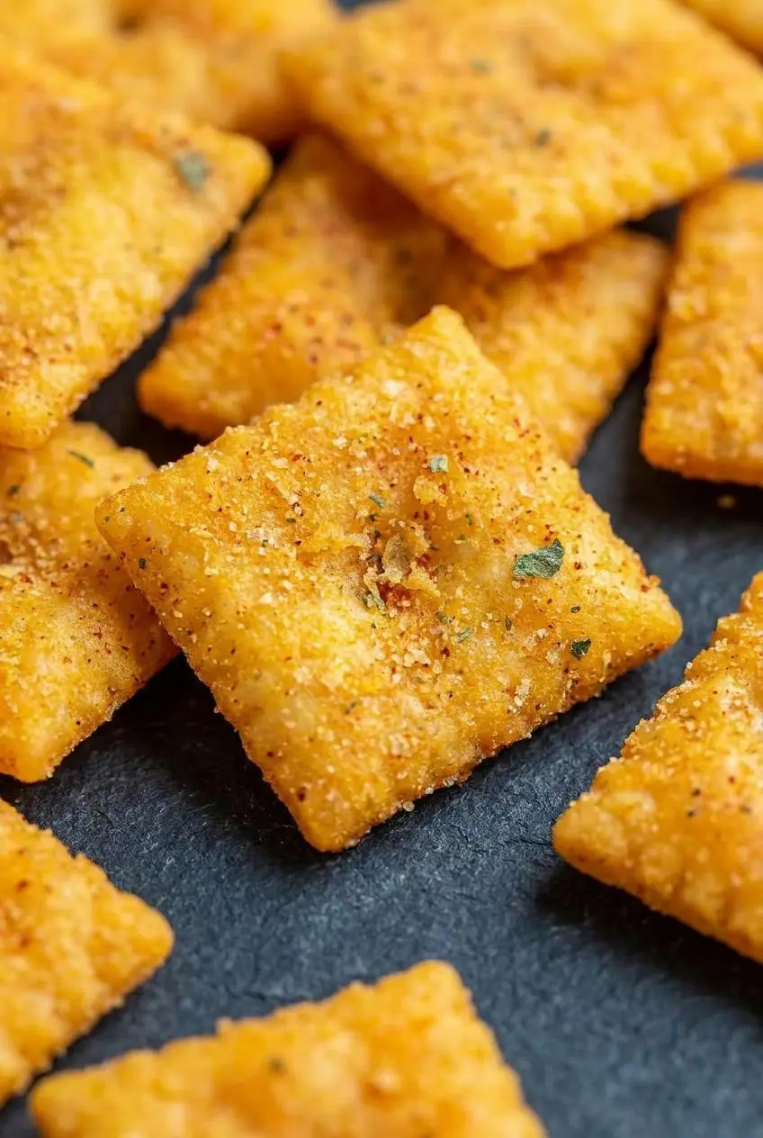 Macro view of oven-baked cheese crackers coated in red cayenne pepper and dry ranch seasoning.