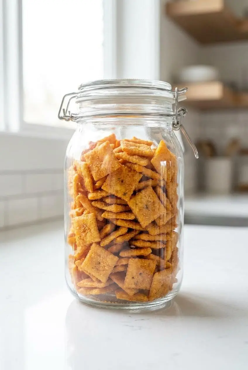 Cooled Firecracker Cheez-Its stored inside an airtight glass clip-top jar on a white counter.