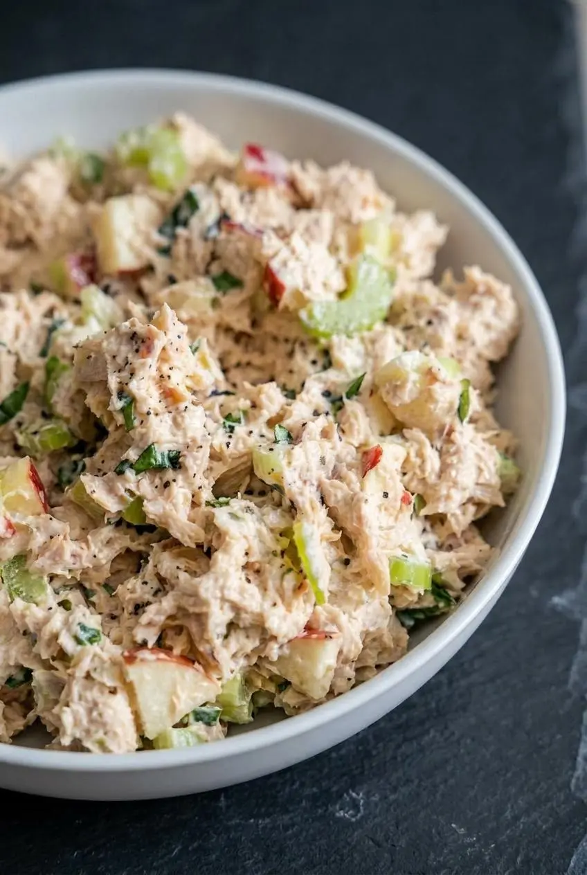 Close-up of flaked tuna salad showing diced crisp red apples, celery, and fresh basil bound in creamy lemon mayo.