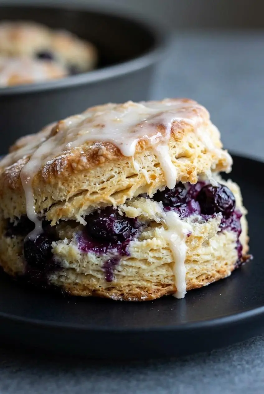 Close up of a split biscuit revealing tender flaky layers, juicy purple blueberries, and white dripping glaze.