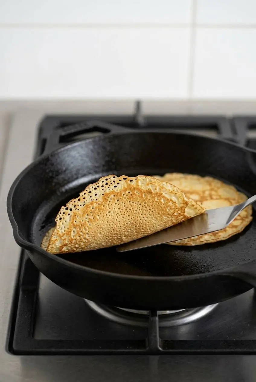 A metal spatula flipping a thin Swedish pancake in a hot cast iron skillet to show the dry, matte surface.