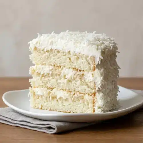 A slice of fluffy Coconut Cloud Cake with creamy frosting and shredded coconut on a plate.