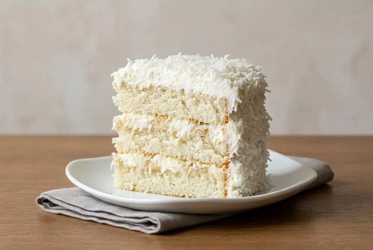 A slice of fluffy Coconut Cloud Cake with creamy frosting and shredded coconut on a plate.