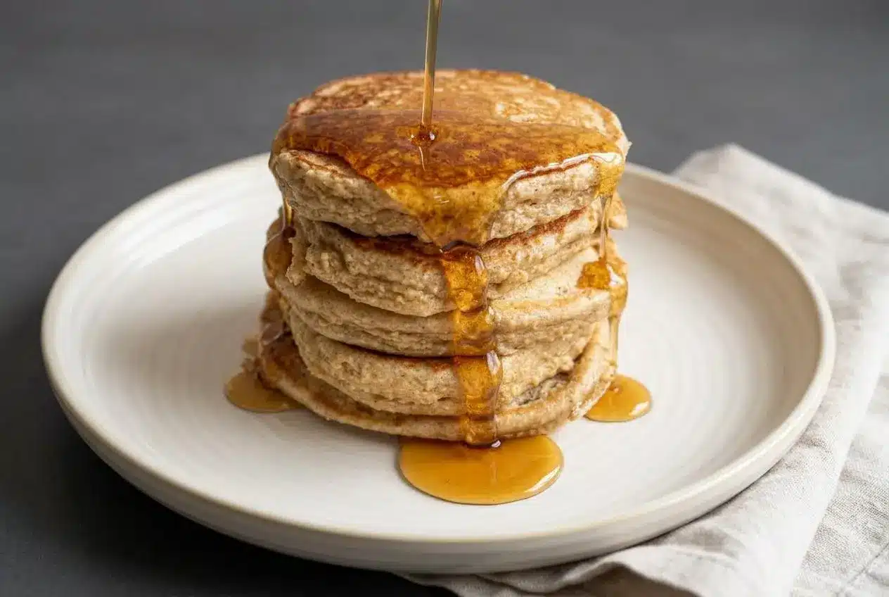 A fluffy stack of golden cottage cheese banana oatmeal protein pancakes topped with sliced banana.