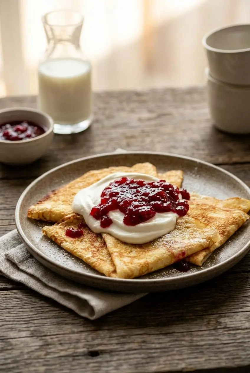Three Swedish pancakes folded into quarters on a plate, topped with lingonberry jam, plain yogurt, and powdered sugar.