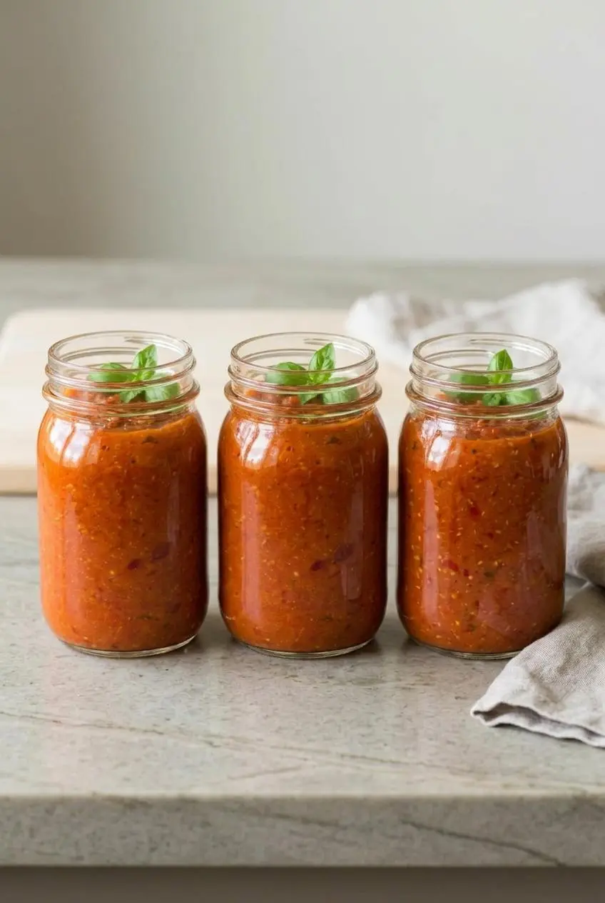 Three glass mason jars filled with red tomato sauce on a soapstone counter, showing two inches of headspace.