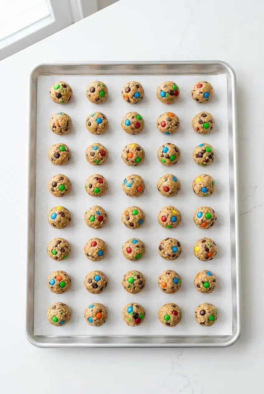 Rows of uniform monster energy balls spaced out on a parchment-lined baking sheet for flash freezing.
