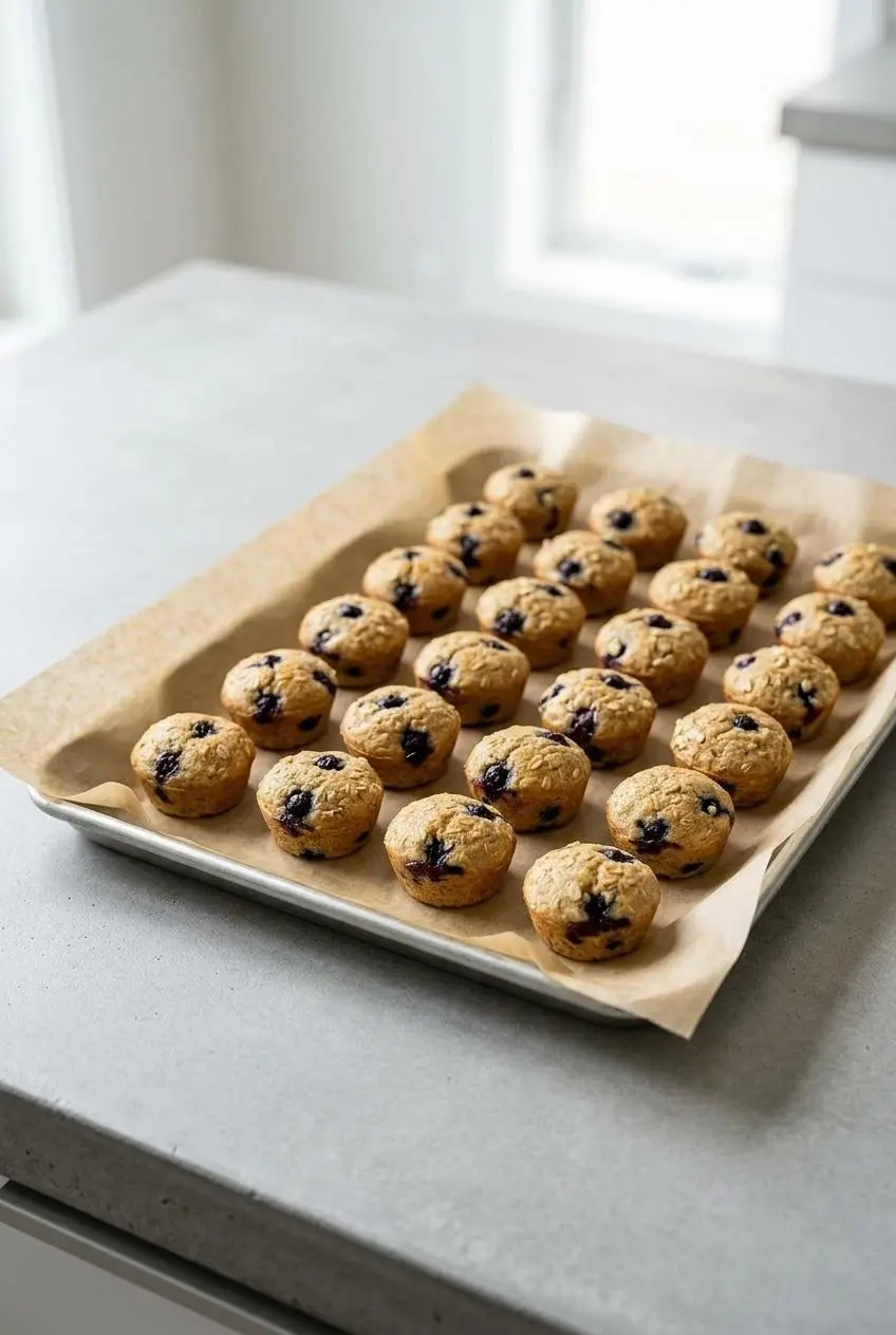 Cooled blueberry pancake poppers arranged in a single layer on parchment paper for flash freezing.