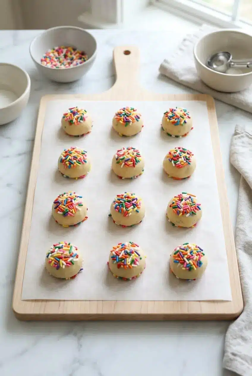 Tall, rounded raw cookie dough balls coated with colorful rainbow jimmies on parchment paper.