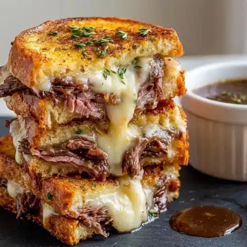 French Dip Grilled Cheese sandwich sliced in half on a plate with melty Swiss cheese and roast beef.