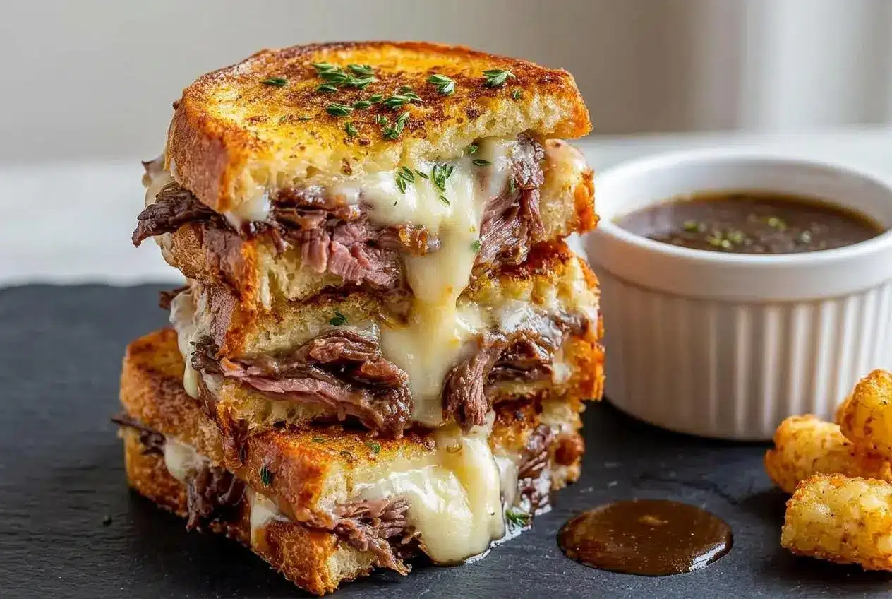 French Dip Grilled Cheese sandwich sliced in half on a plate with melty Swiss cheese and roast beef.