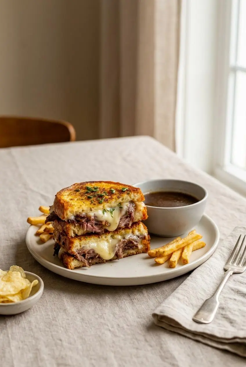 Two halves of a French dip grilled cheese sandwich stacked on a plate with french fries and au jus.
