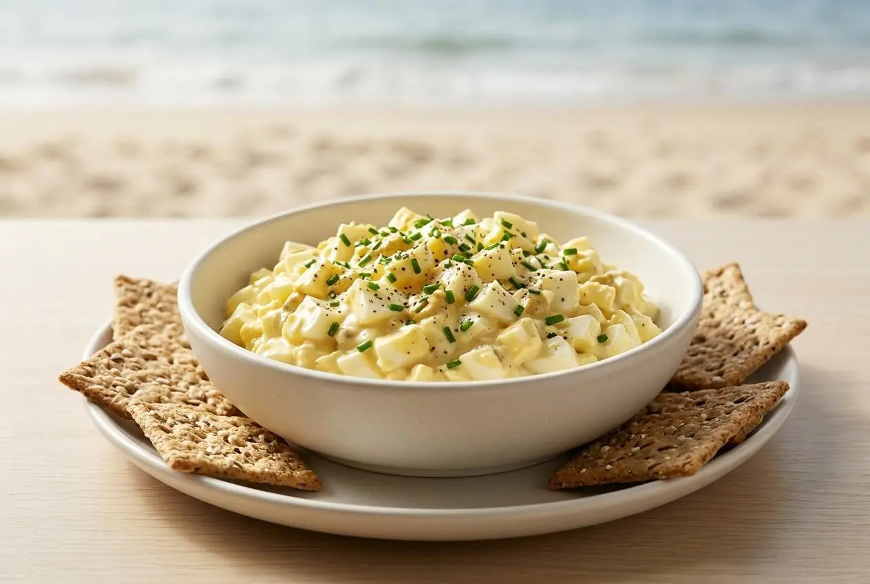 An assortment of mess-free beach snacks including fresh fruit, crackers, and nuts packed for a seaside lunch.