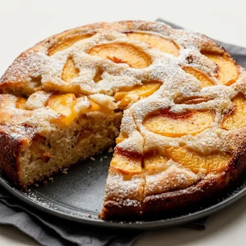 A whole baked fresh peach cake with golden crust and sliced peaches in a springform pan.