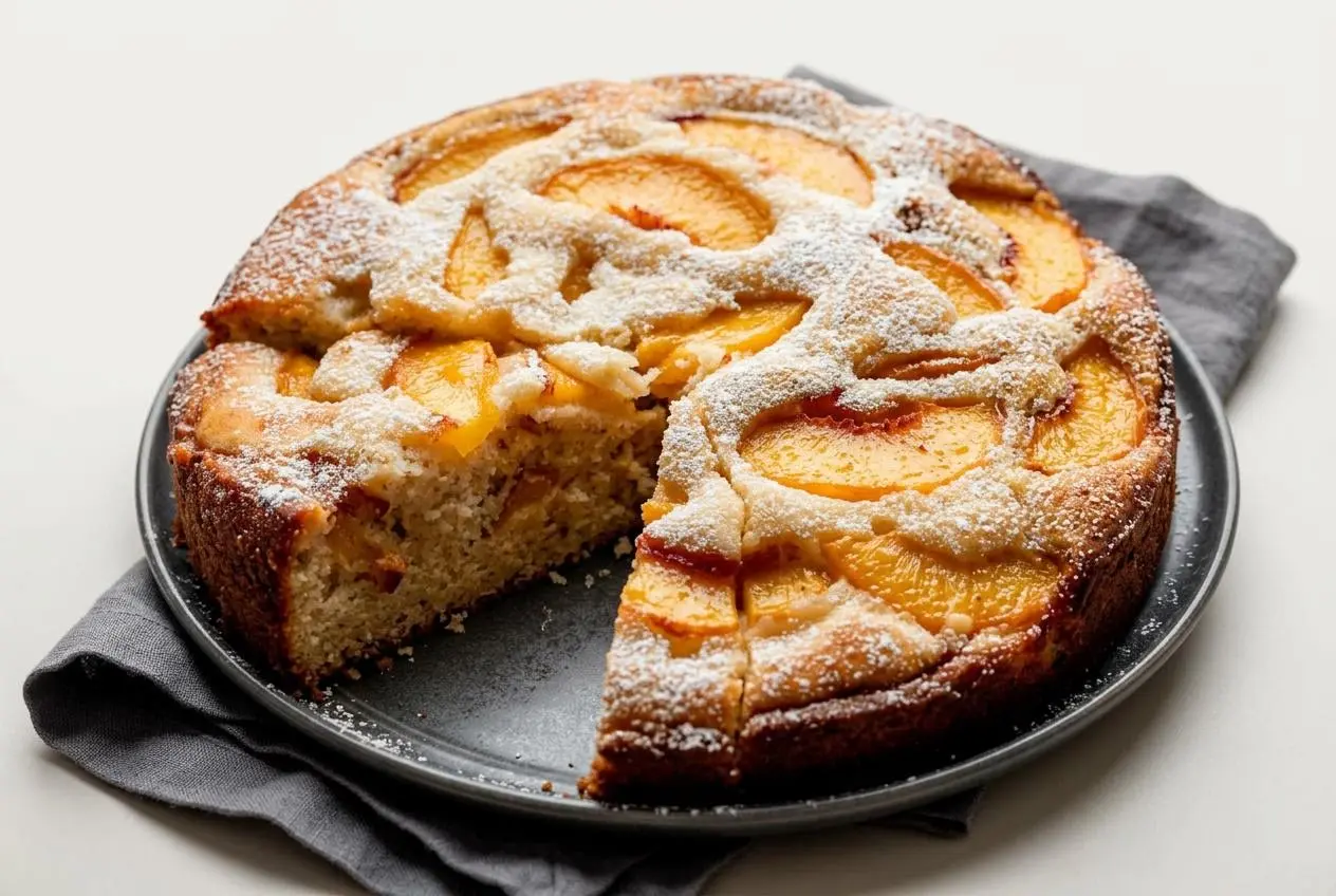 A whole baked fresh peach cake with golden crust and sliced peaches in a springform pan.
