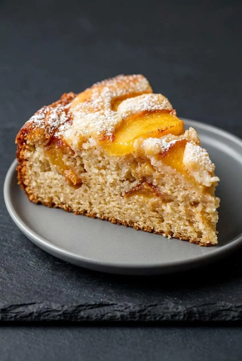 A close-up slice of moist peach cake showing the soft internal crumb and baked fruit layers.