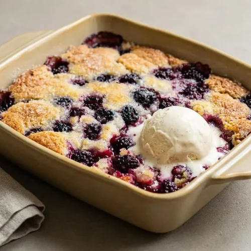 Freshly baked blackberry cobbler with a golden crust and bubbling dark purple fruit.