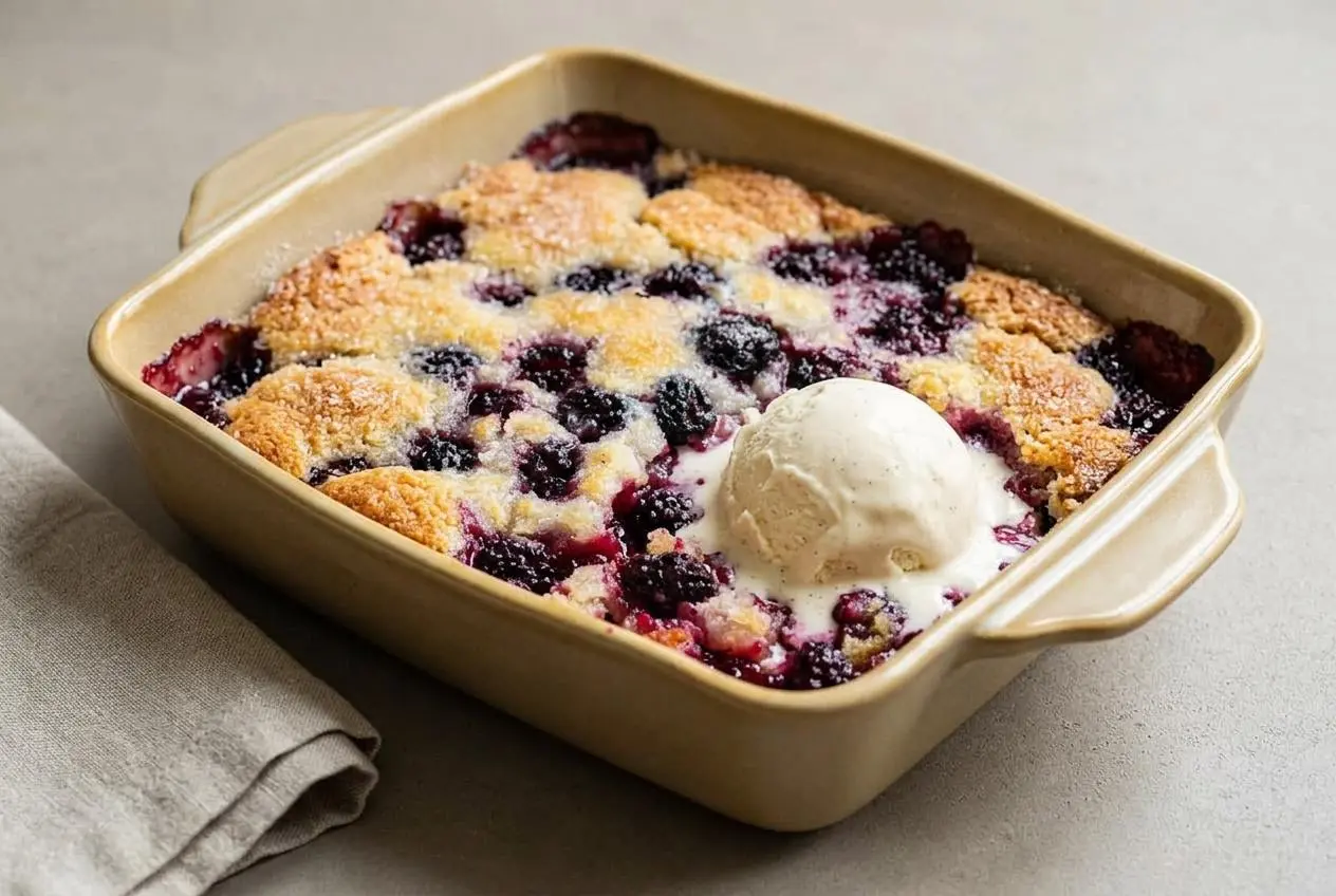 Freshly baked blackberry cobbler with a golden crust and bubbling dark purple fruit.